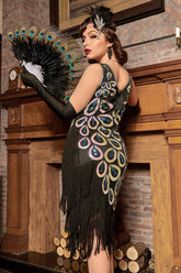 Schwarz blau Asymmetrisches V-Ausschnitt Flapperkleid aus den 1920er Jahren